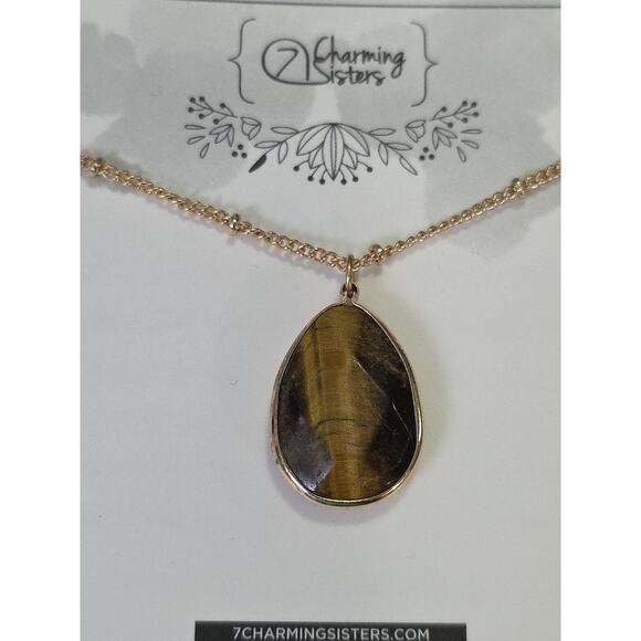 Tiger's Eye Teardrop Pendant Necklace On Gold Tone Satellite Station Chain - Picture 2 of 8